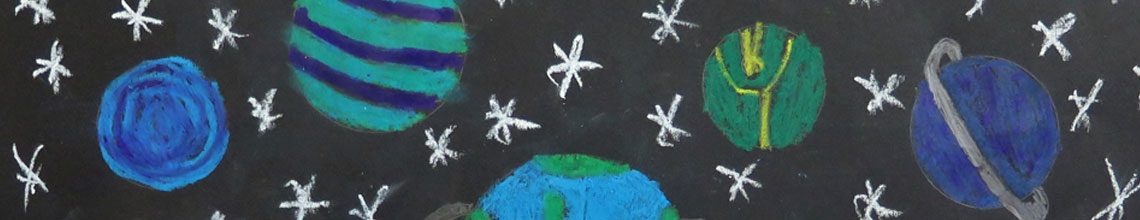 Gemalte bunte Planeten und Sterne auf dunklem Hintergrund